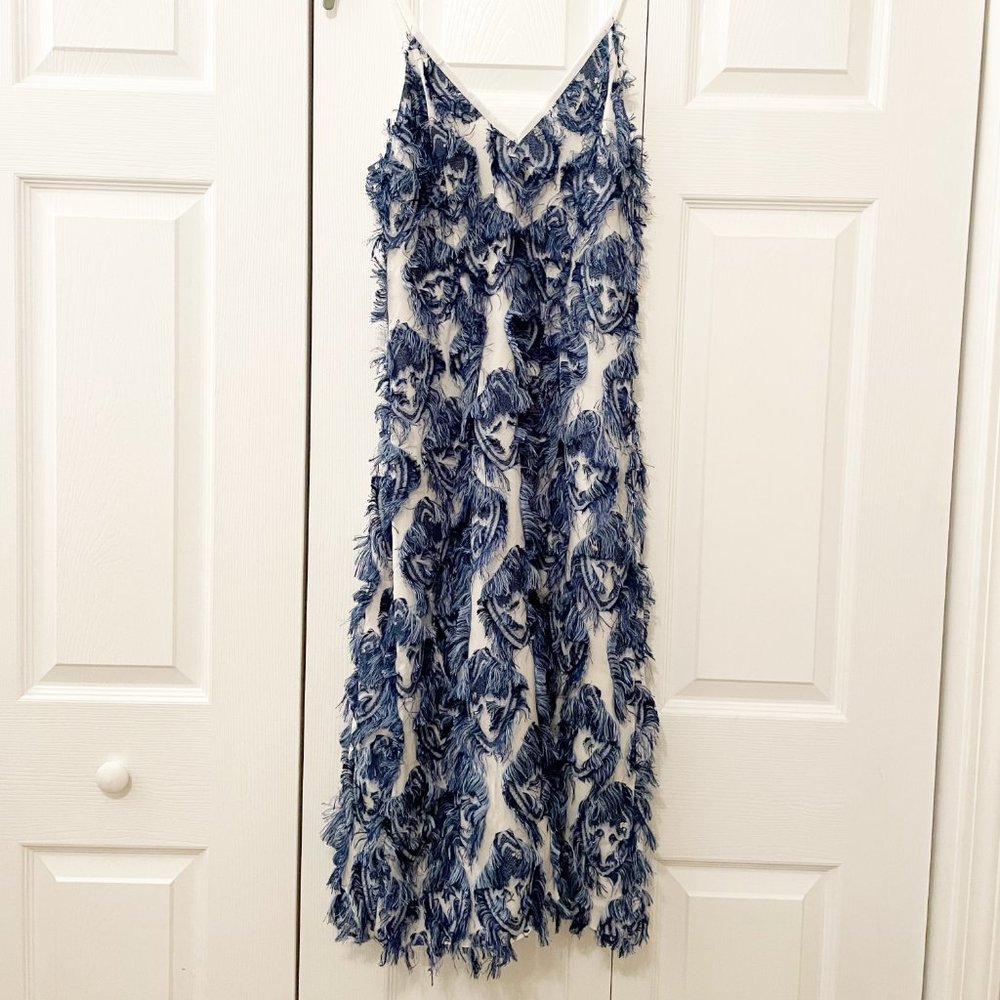 NWT Calvin Luo White and Blue Fringe Slip Midi Dress